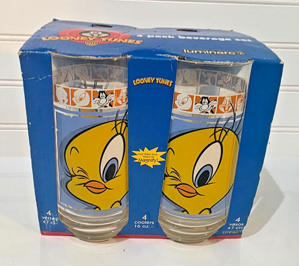 Vtg Looney Tunes 4 Pack Tweety Bird 16 oz Beverage Glasses Luminarc 1999 Unused